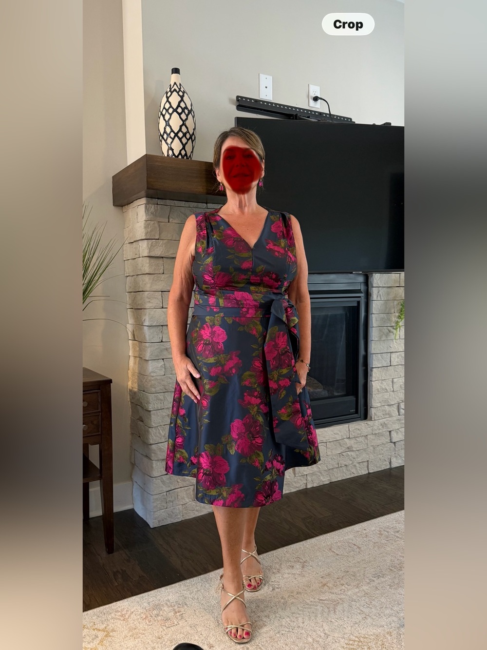 Kay Unger Cocktail Dress. V-Neck Fit & Flare Dress - Navy with Fuchsia - Size 18
